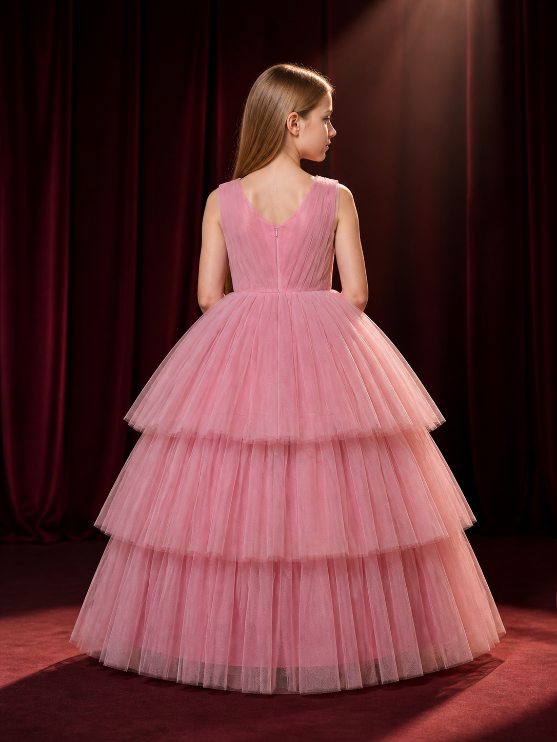 Girls' Pink Princess Dress, Sleeveless Tiered Tulle Floor-Length Formal Gown