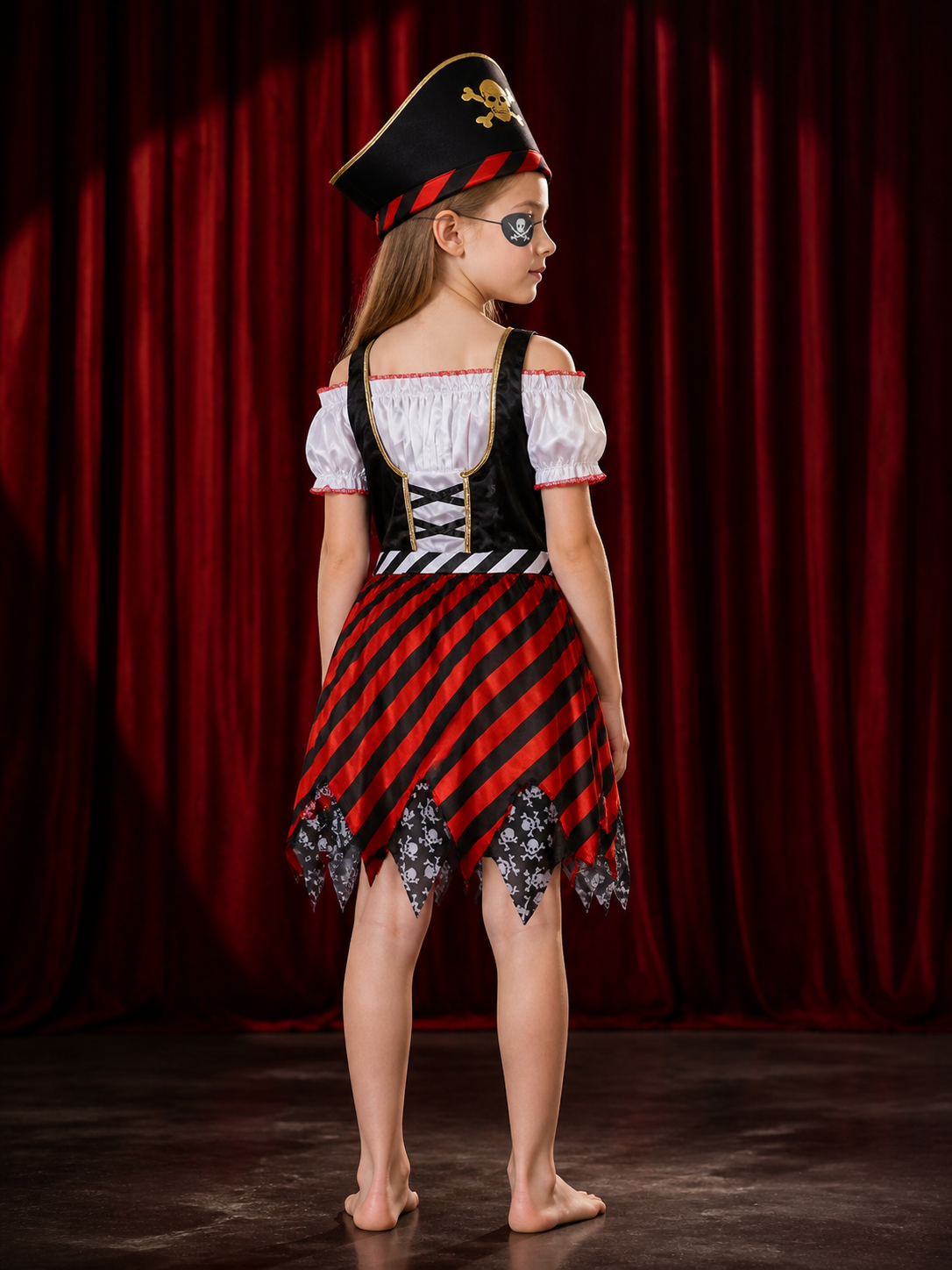 Girl's Caribbean Pirate Costume Set with Skull Print Striped Dress, Hat and Eye back view