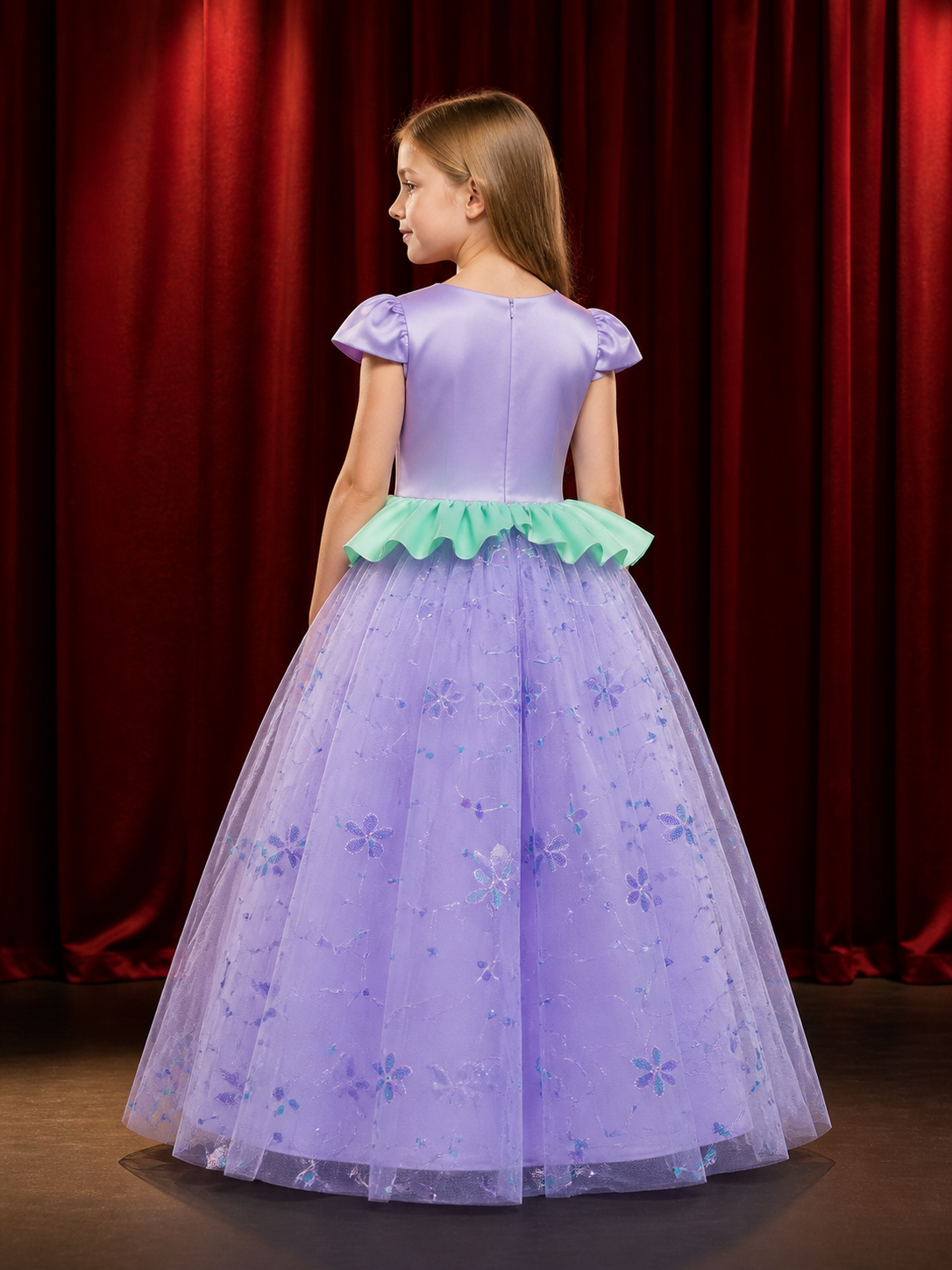 Girls' Mermaid Princess Dress Costume, Sequined Floral Mesh Performance Gown back view