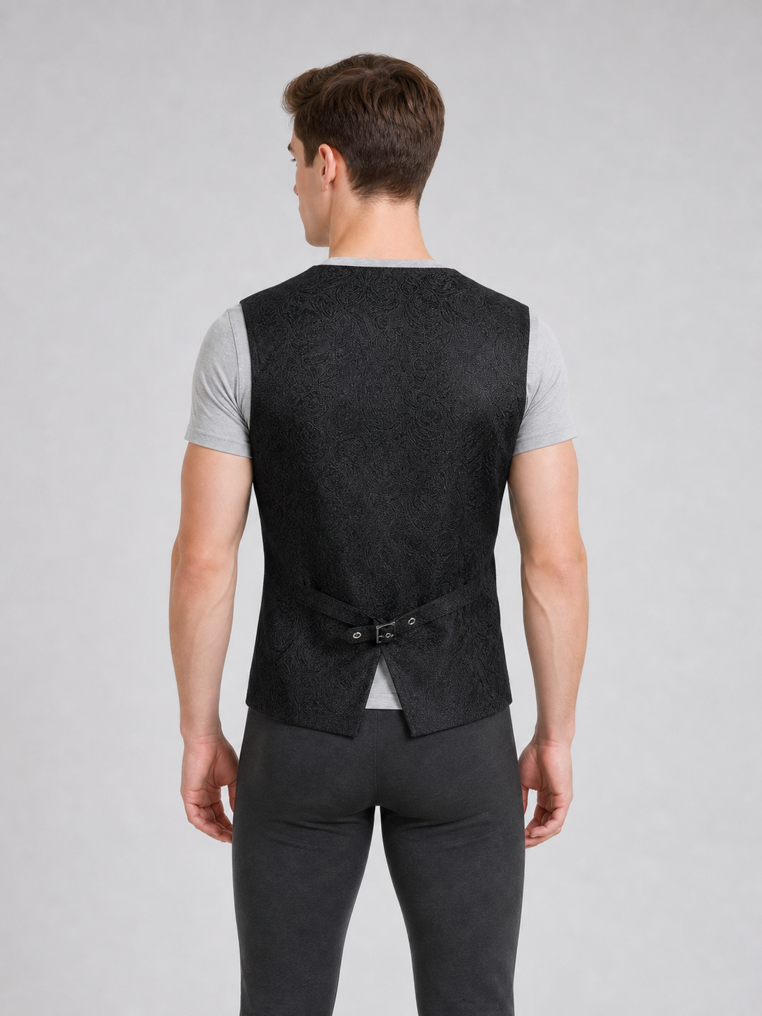 Black sleeveless patterned cosplay vest back view
