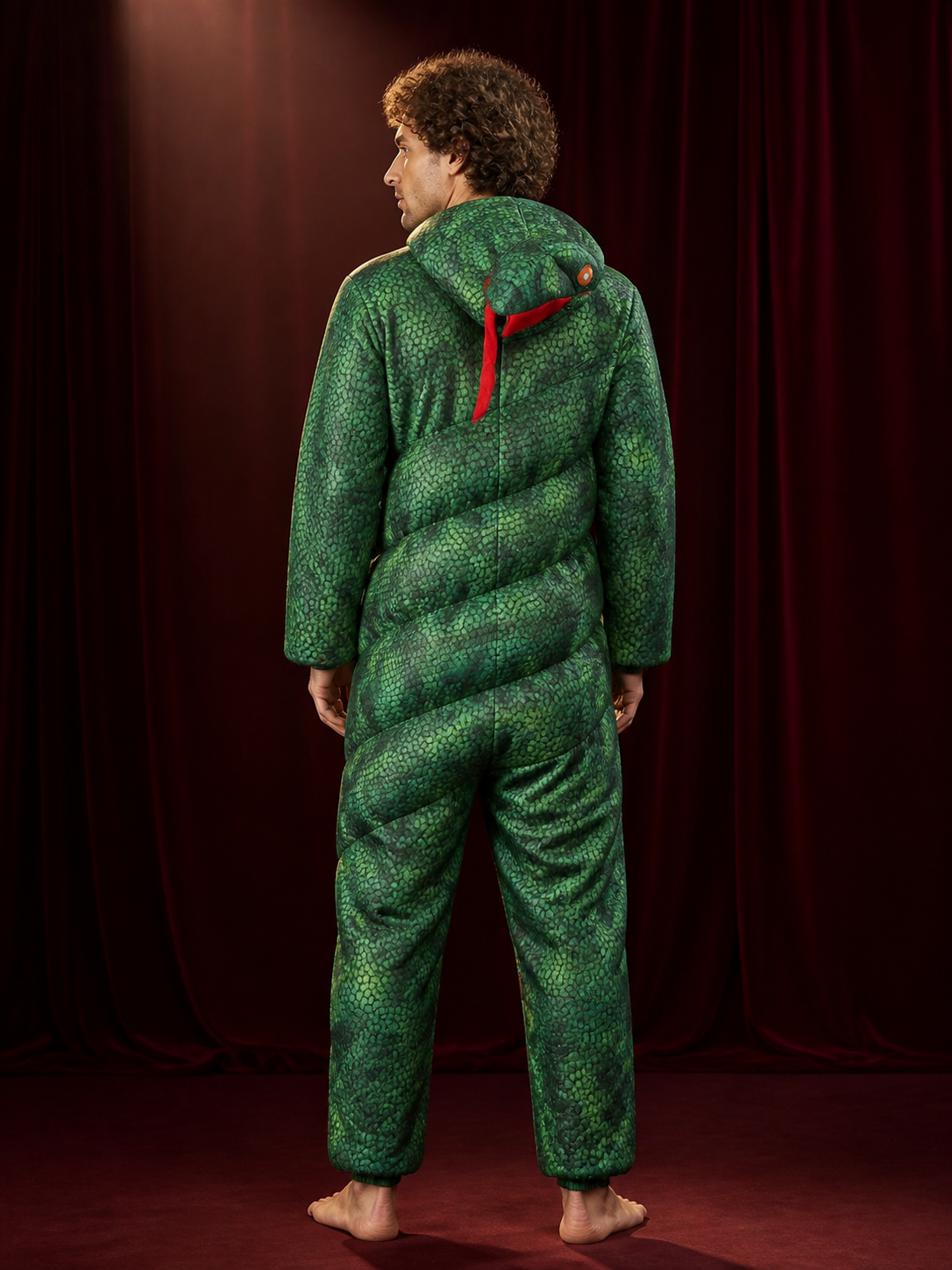 Green Long-Neck Dinosaur Jumpsuit Costume with 3D Head, Halloween Party Outfit back view