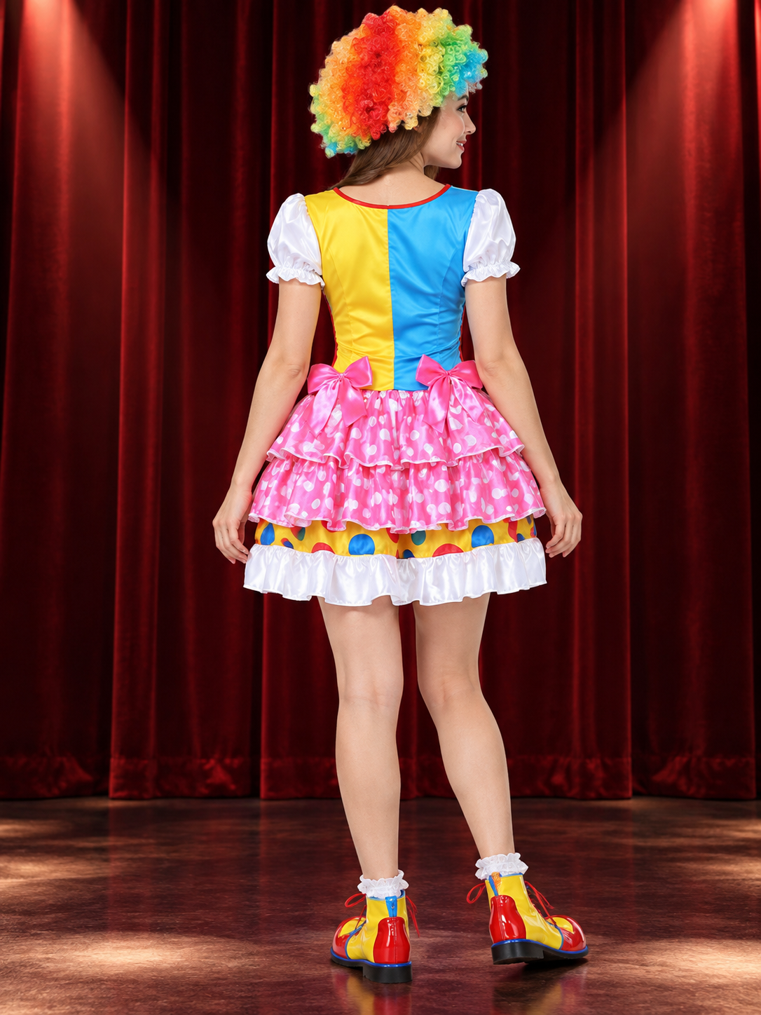 Adult Clown Costume Made of Satin with a Full Skirt and Bows