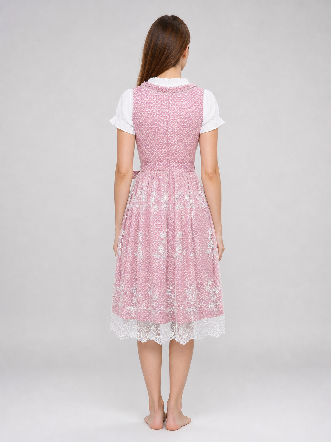 Pink and White Dirndl-Style Dress with Embroidery