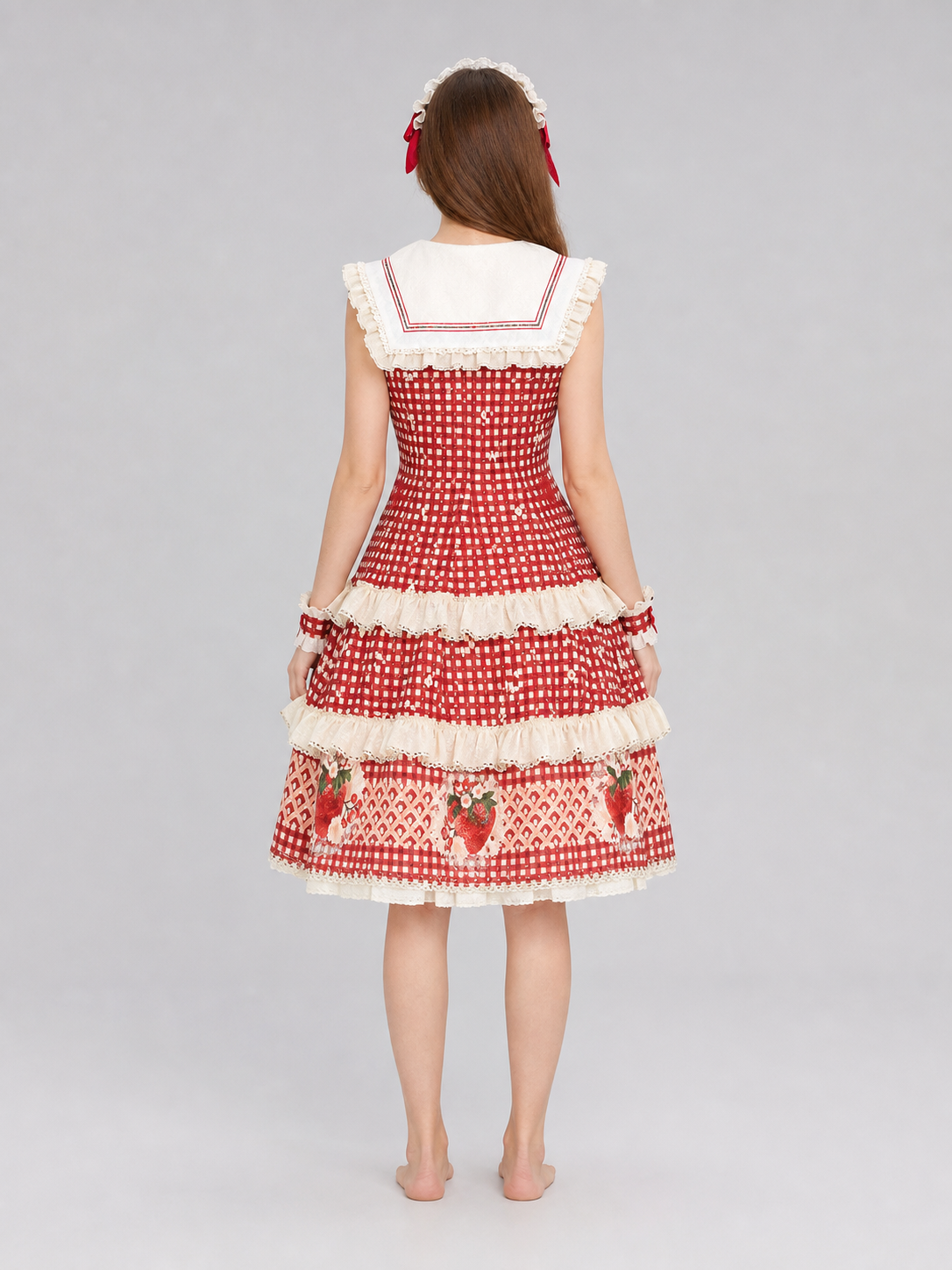 Sleeveless Strawberry Plaid Lolita Dress back view 2