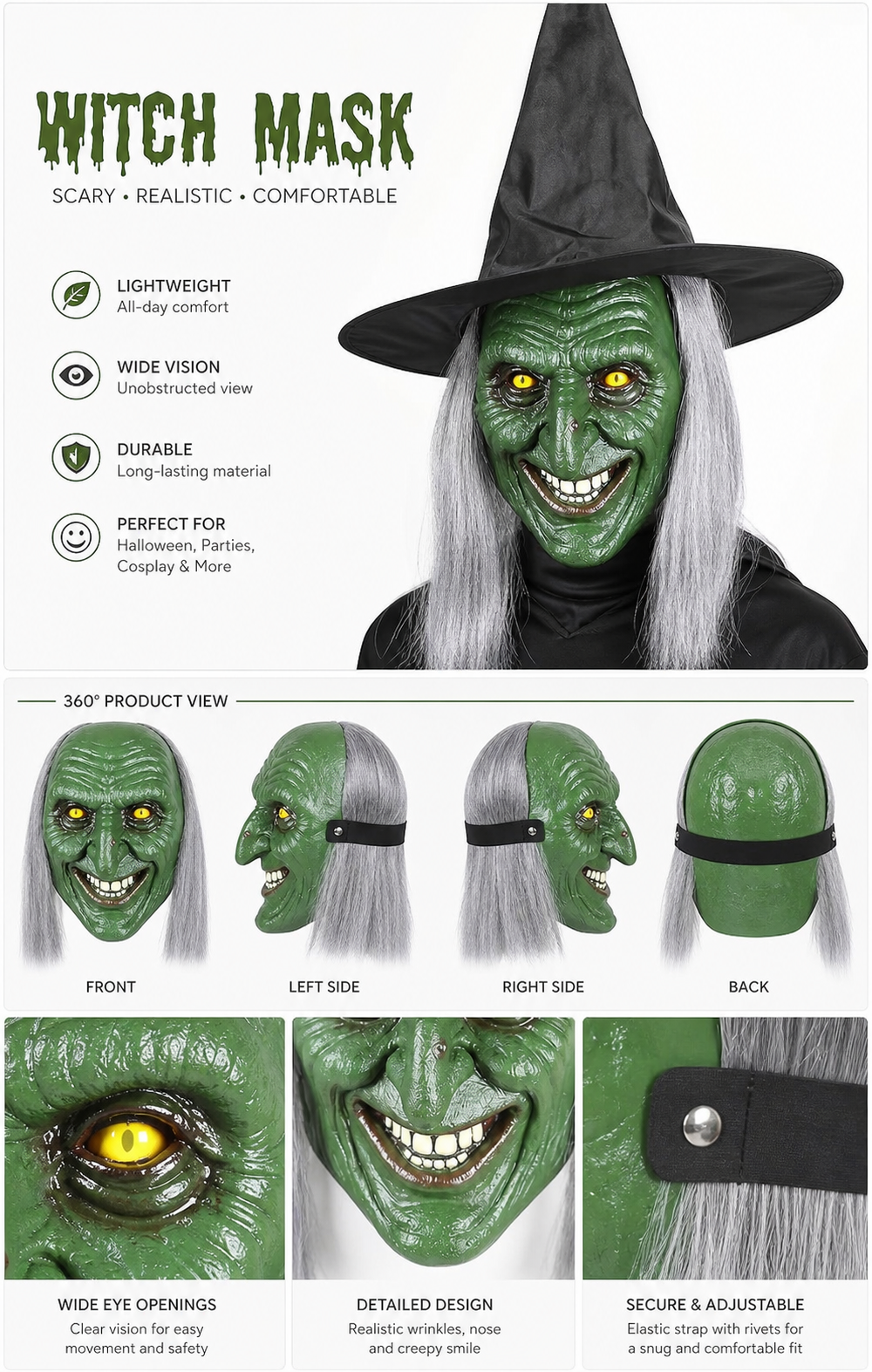 Information card showing the green witch mask with gray hair and black hat, plus close-ups of the eyes, teeth, and strap