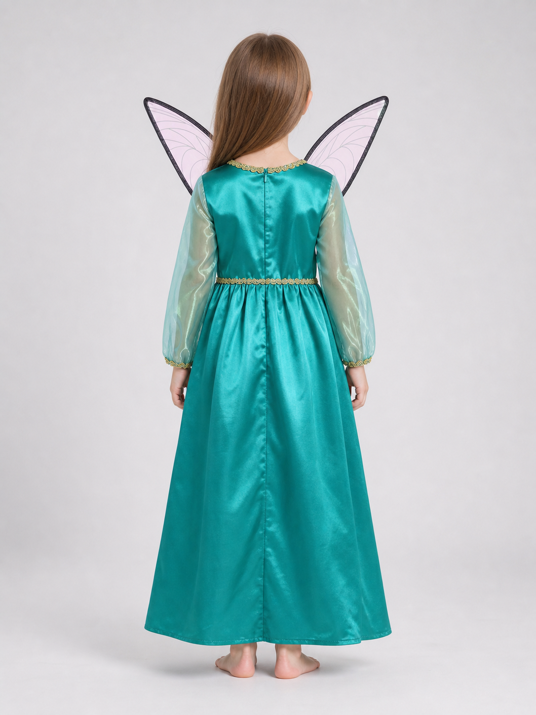 Green fairy-elf costume with wings and headband back view 2