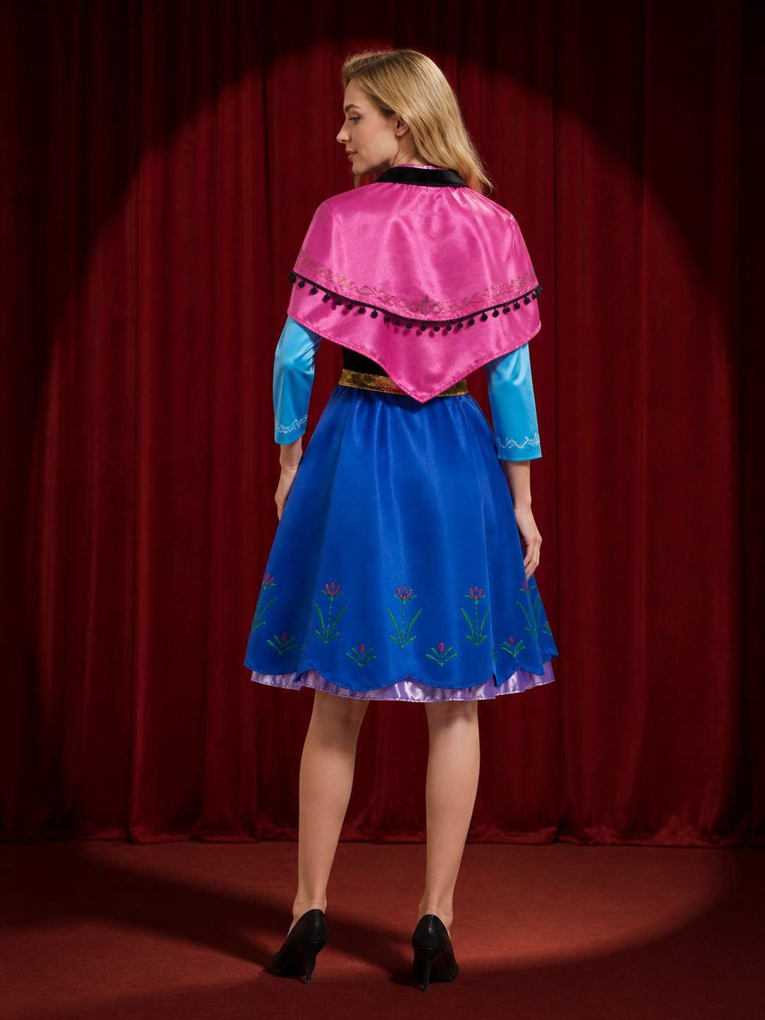 Anna Style Princess Costume Dress, Blue Floral Print Cape Gown with Gold Belt back view