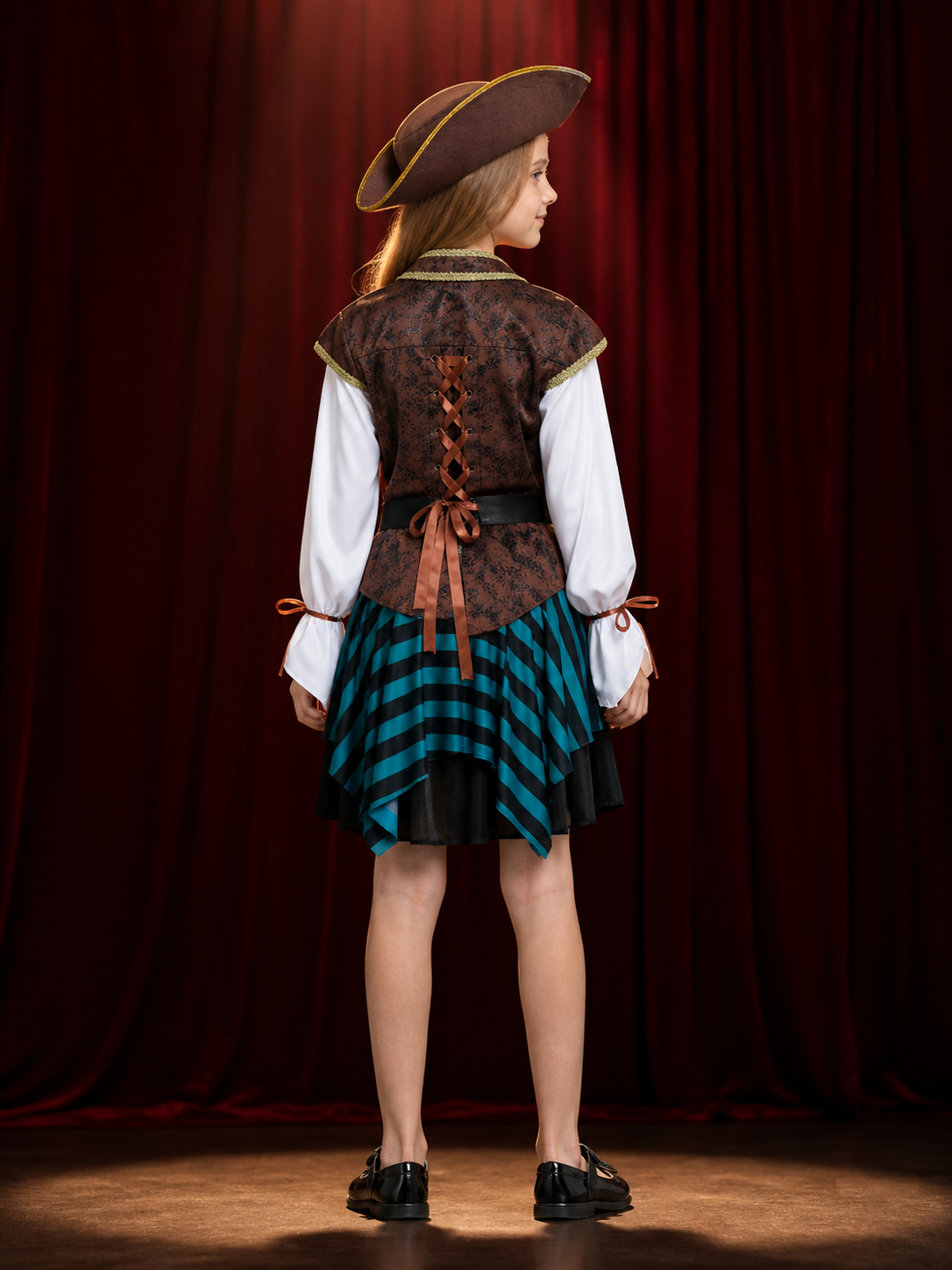 Kids Pirate Captain Costume Set with Striped Skirt, Vest, Hat and Belt back view