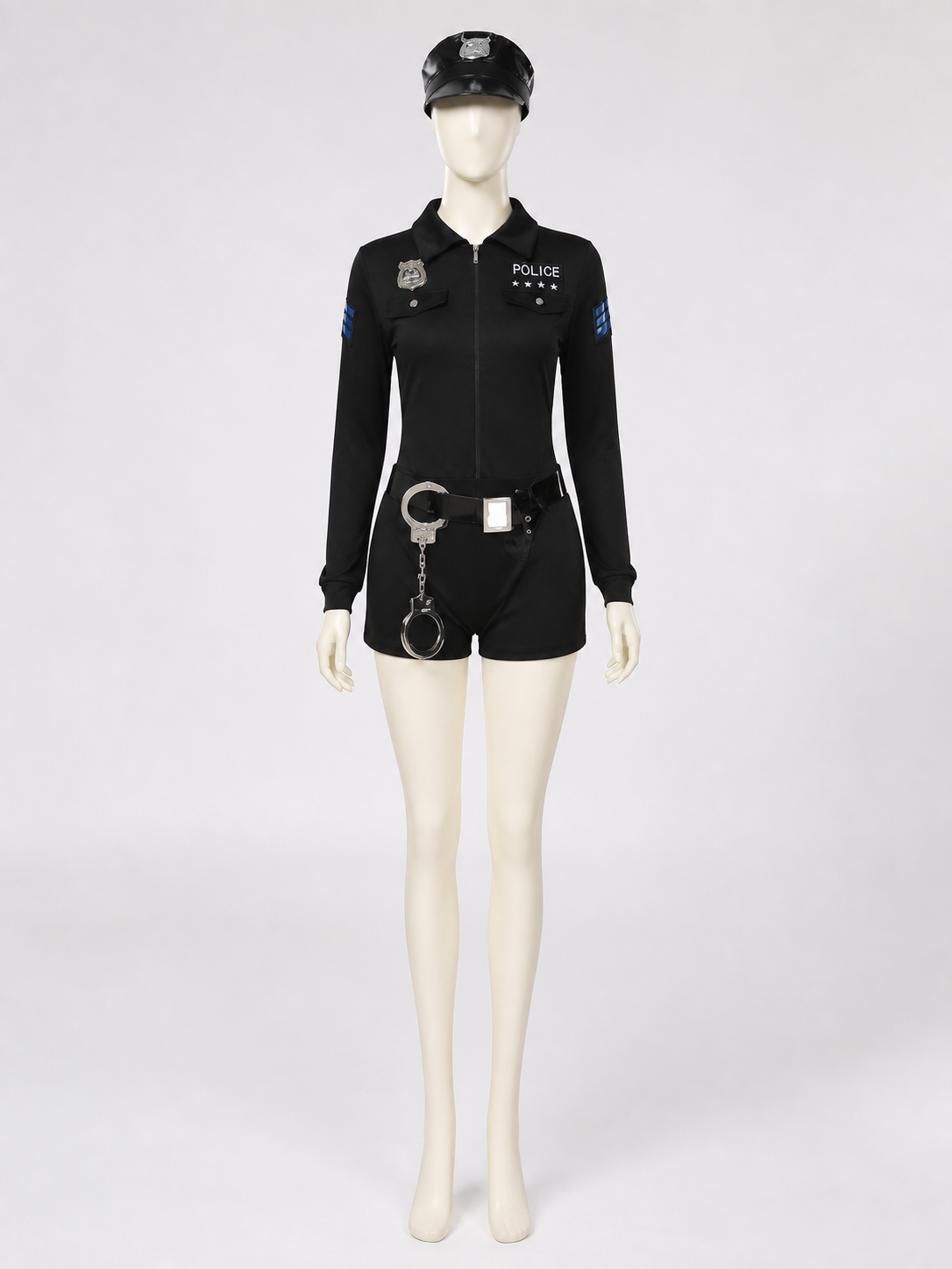 Women's Sexy Police Officer Bodysuit Costume with Hat, Belt & Handcuffs for back view
