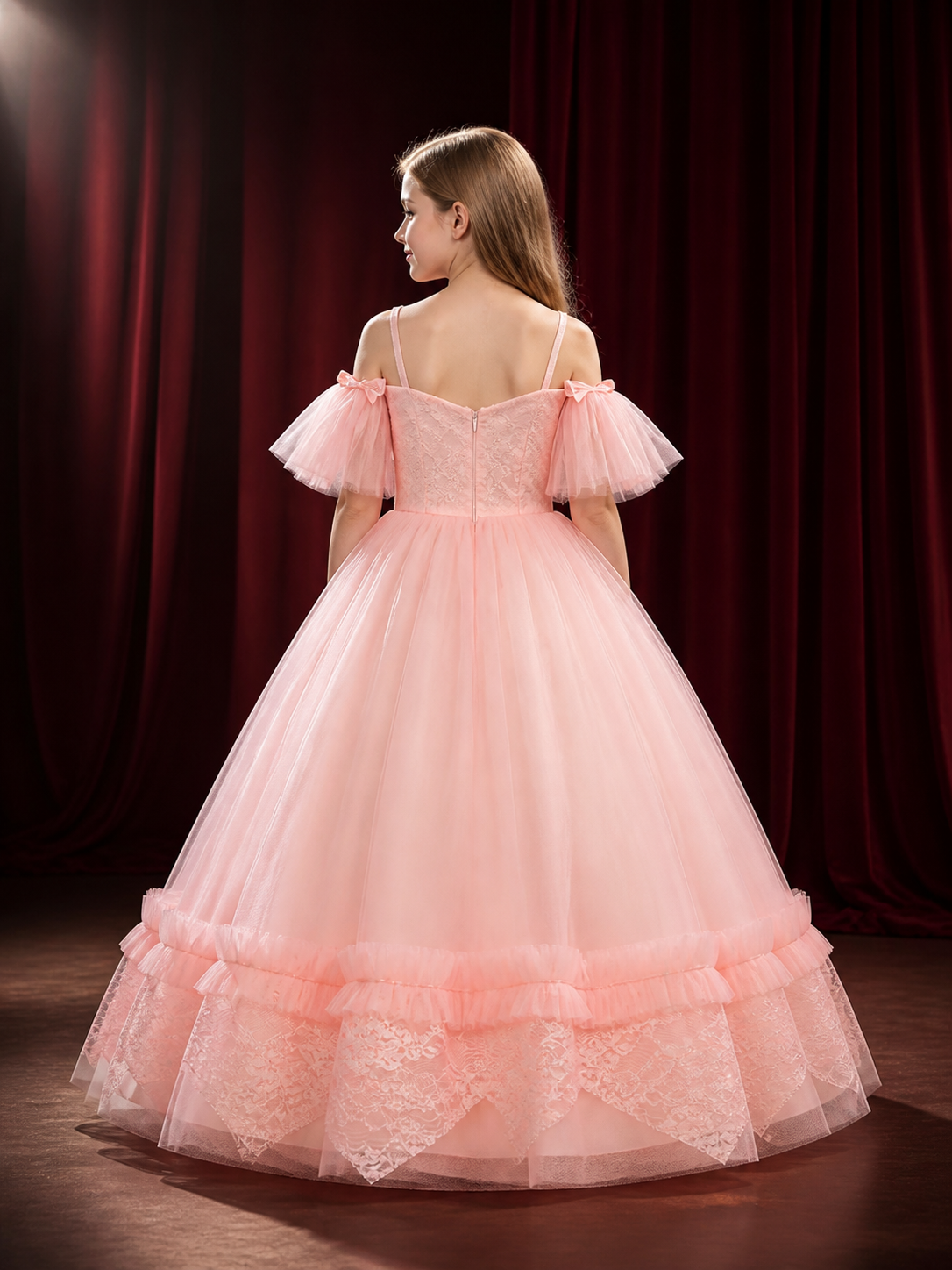 Girls' Pink Lace Princess Dress, Layered Tulle Formal Gown back view