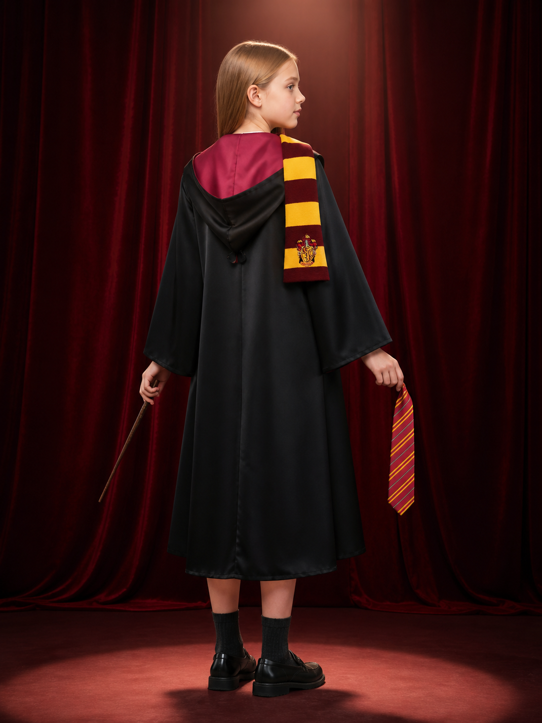 Black Wizard School Robe Costume Set, Long Hooded Cape with Burgundy and Gold back view