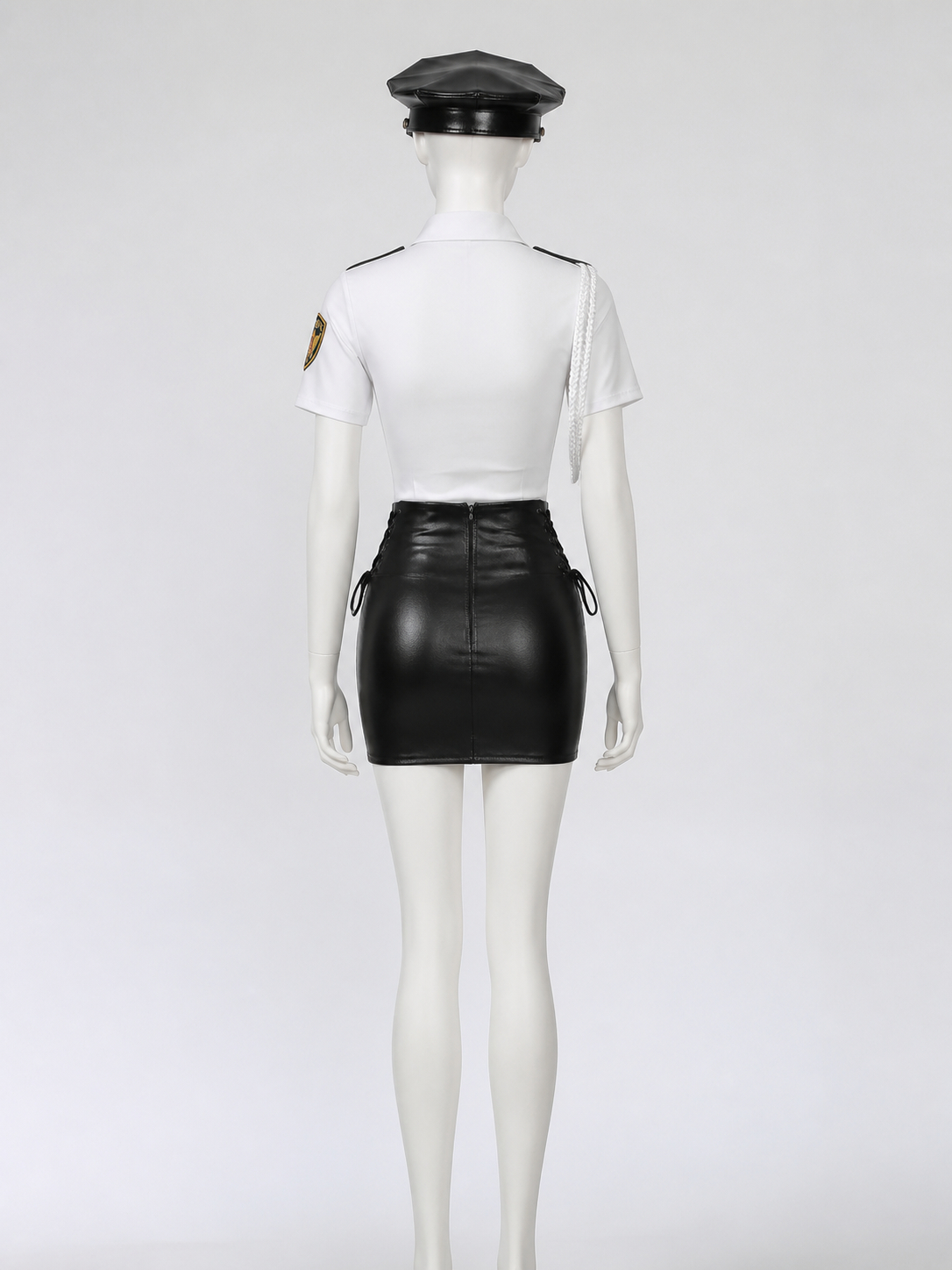 Women's Sexy Police Officer Costume Set - White Top & Black Skirt with Gold back view