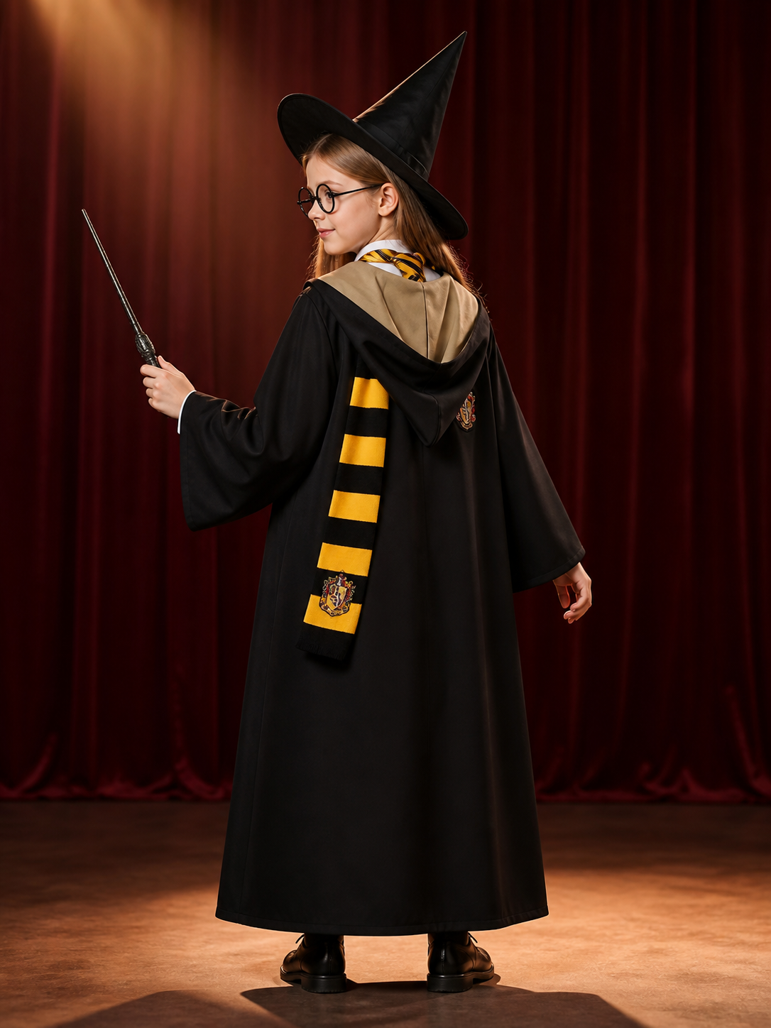 Black Wizard Costume Set With Hooded Robe, Hat, Scarf, Tie, Glasses And Wand back view
