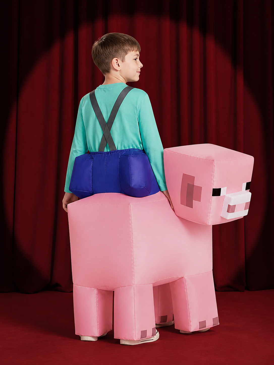 Kids' Pink Blocky Pig Jumpsuit Costume, Pixelated Halloween Outfit back view