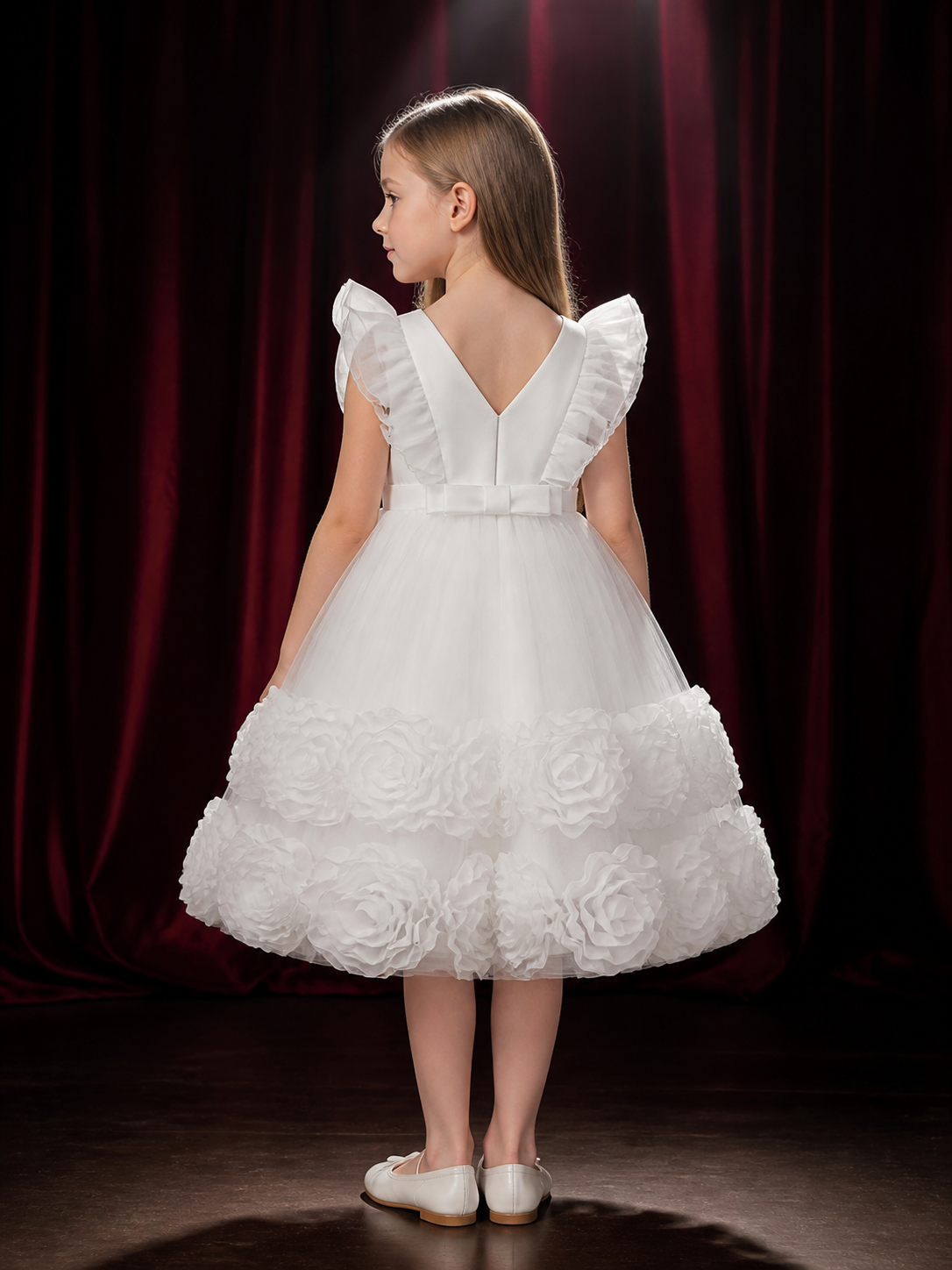 Girls' White Princess Dress, Layered Tulle Party Outfit with Rose Flowers and back view