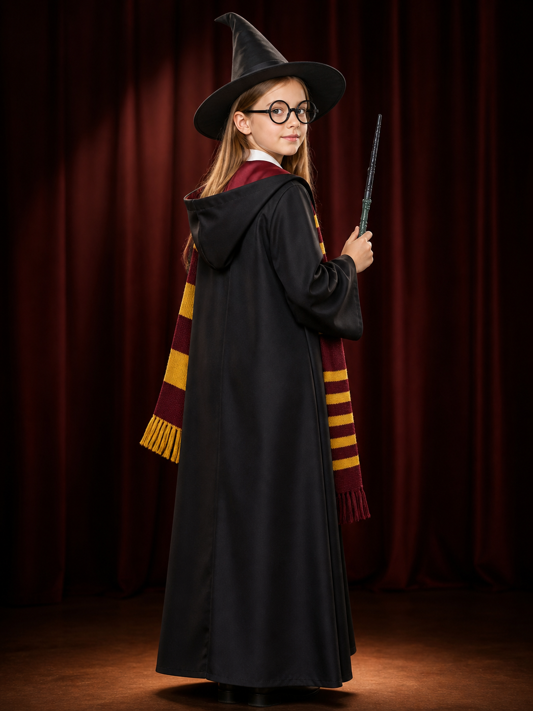 Kids Wizard Hooded Robe Costume Set with Scarf, Hat, Glasses & Wand back view