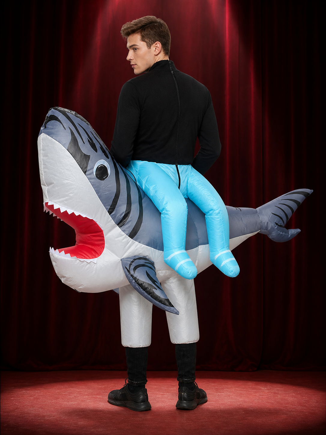 Inflatable Shark Costume for Adults, Funny Halloween Jumpsuit with Tail and Fins back view