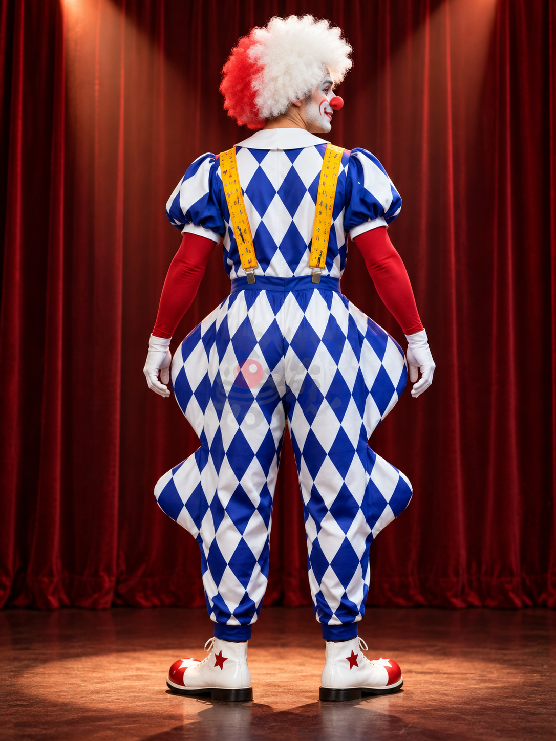 Clown Costume, 6 Pieces, with White Wig and Bow