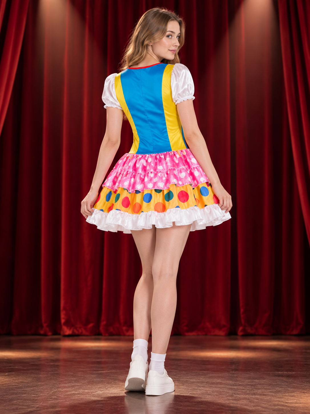Clown Costume: Multicolored Dress with Bows and Ruffles