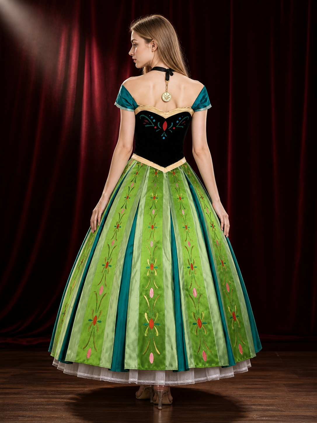 Anna-Themed Princess Costume Dress Set, Embroidered Long Dress With Necklace And back view