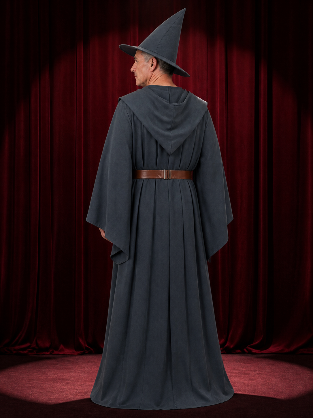 Unisex Wizard Costume Set With Dark Gray Robe, Pointed Hat, Belt, And Cape back view