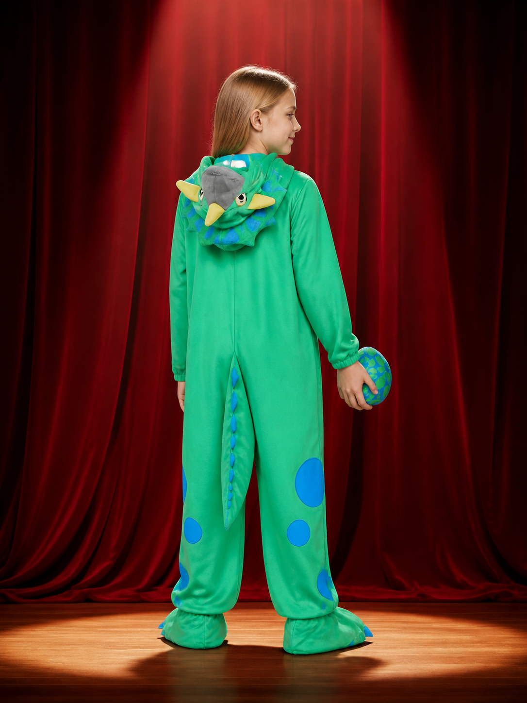 Kids Dinosaur Costume Set with Hood, Spikes, and Egg, Green Blue Yellow back view