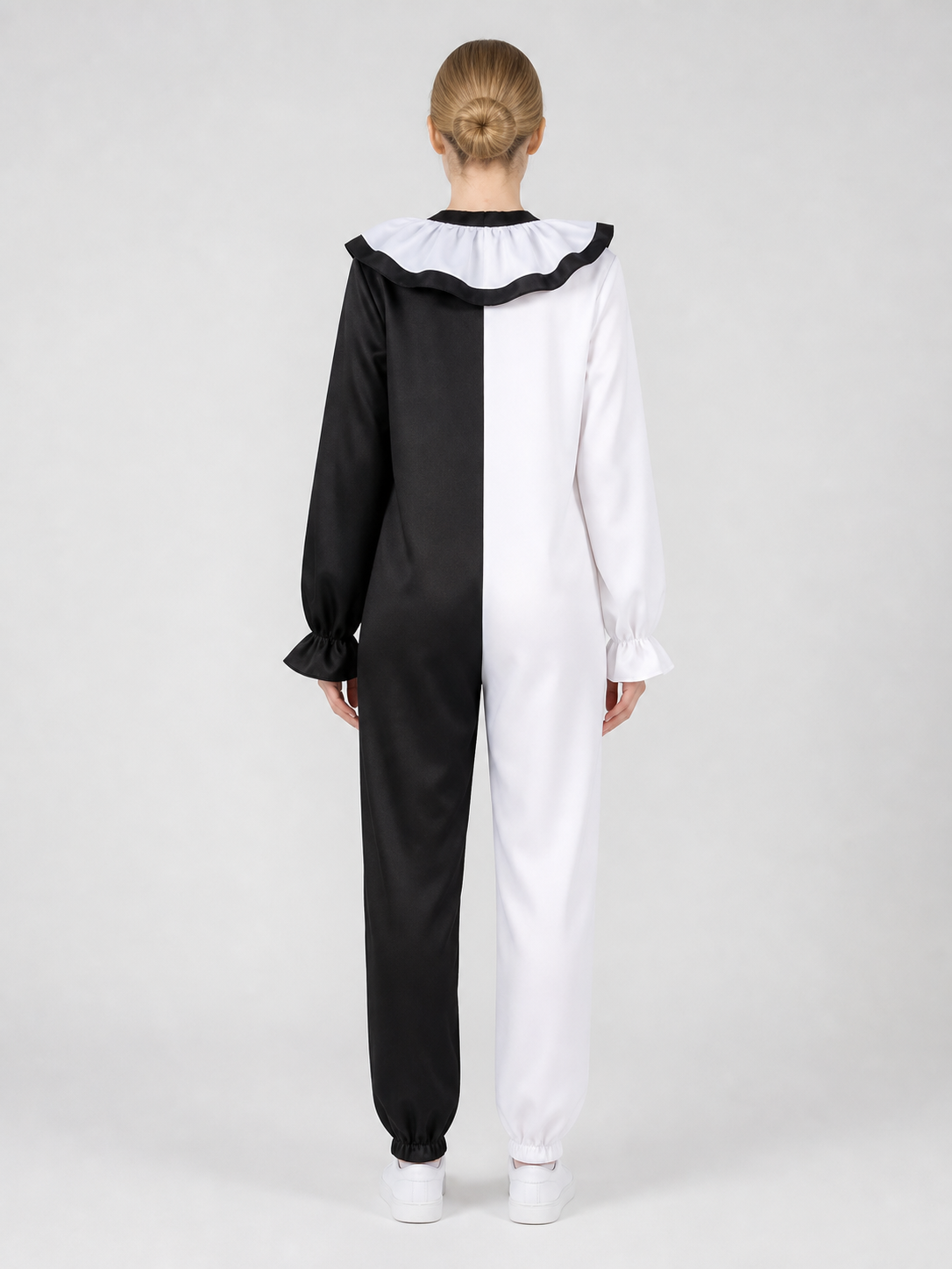 Black and White Clown Jumpsuit Costume for Halloween back view
