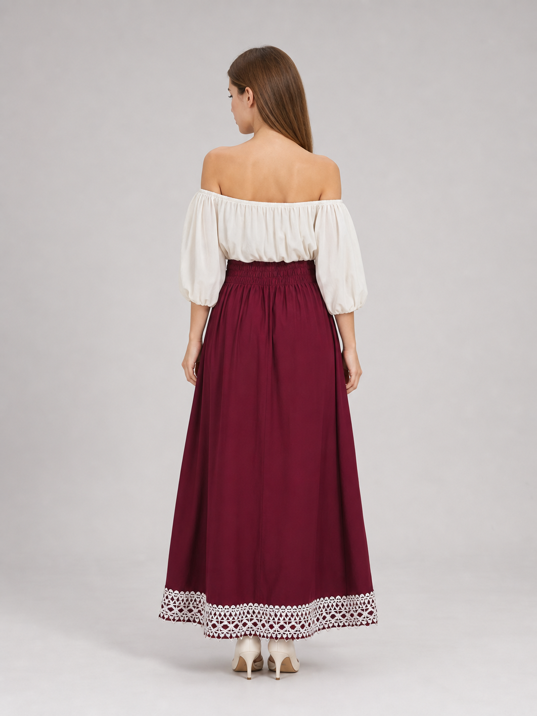 Long burgundy A-line skirt with drawstring