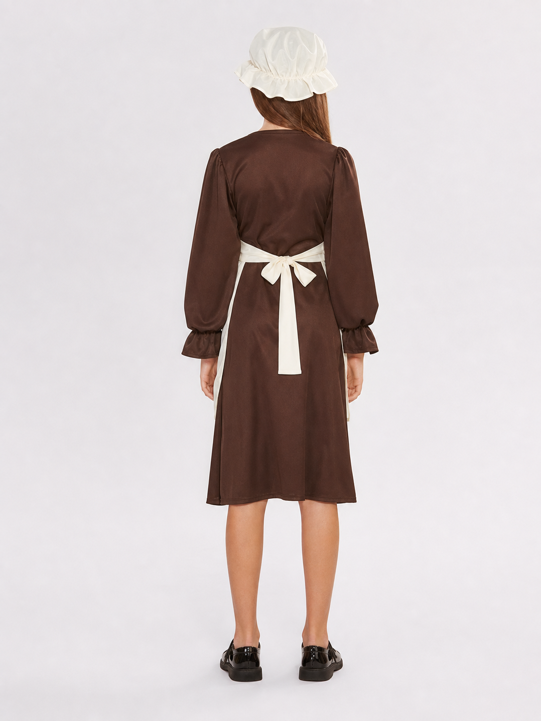 Victorian costume with dress, apron, and bonnet