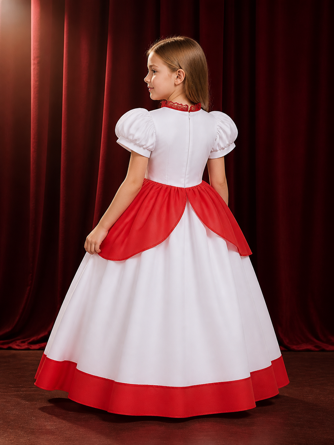 Girls Princess Costume Dress, White and Red Puff Sleeve Dress with Lace Collar back view