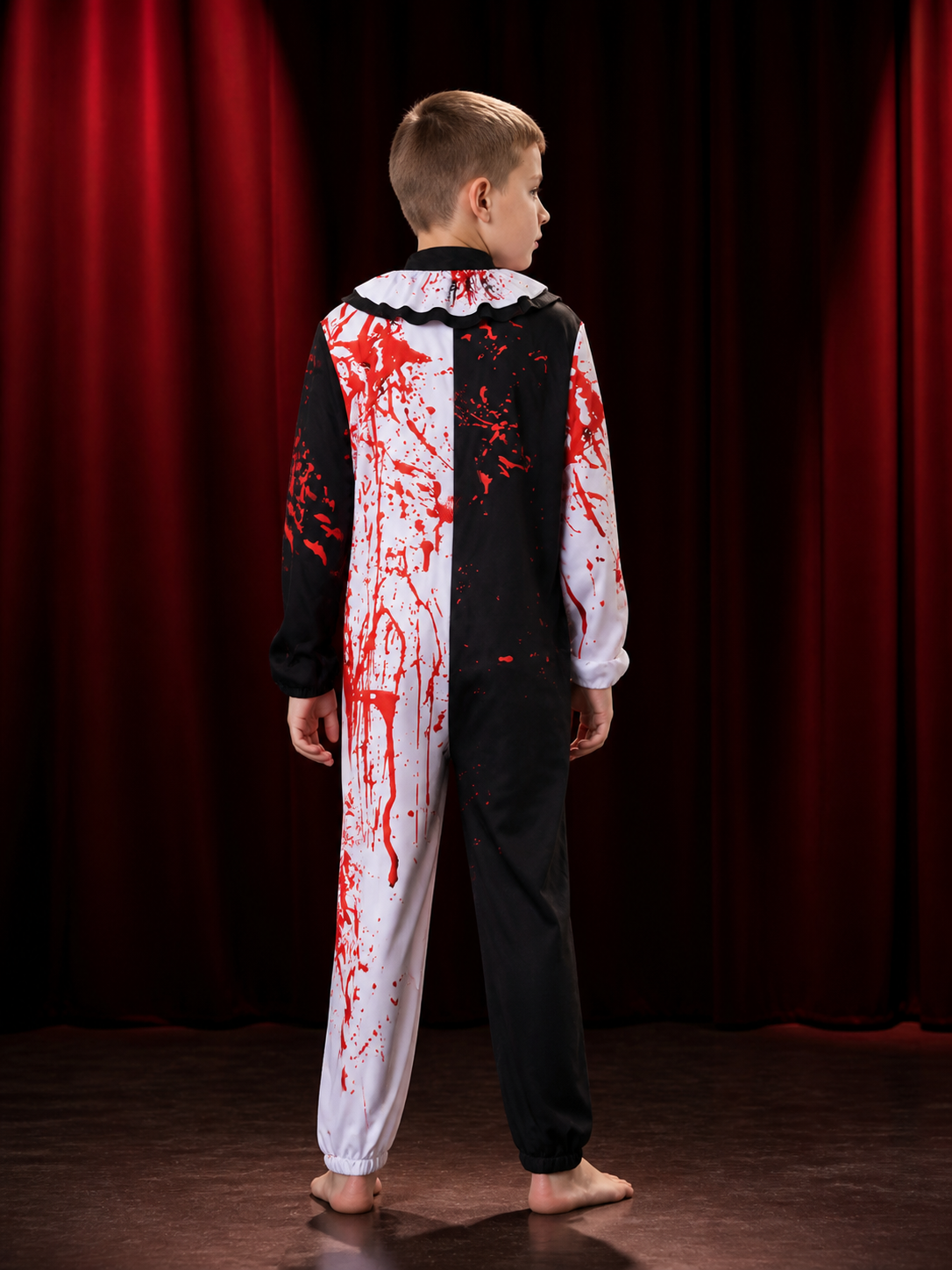 Men's Bloody Clown Jumpsuit Costume, Black White Split with Ruffled Collar back view