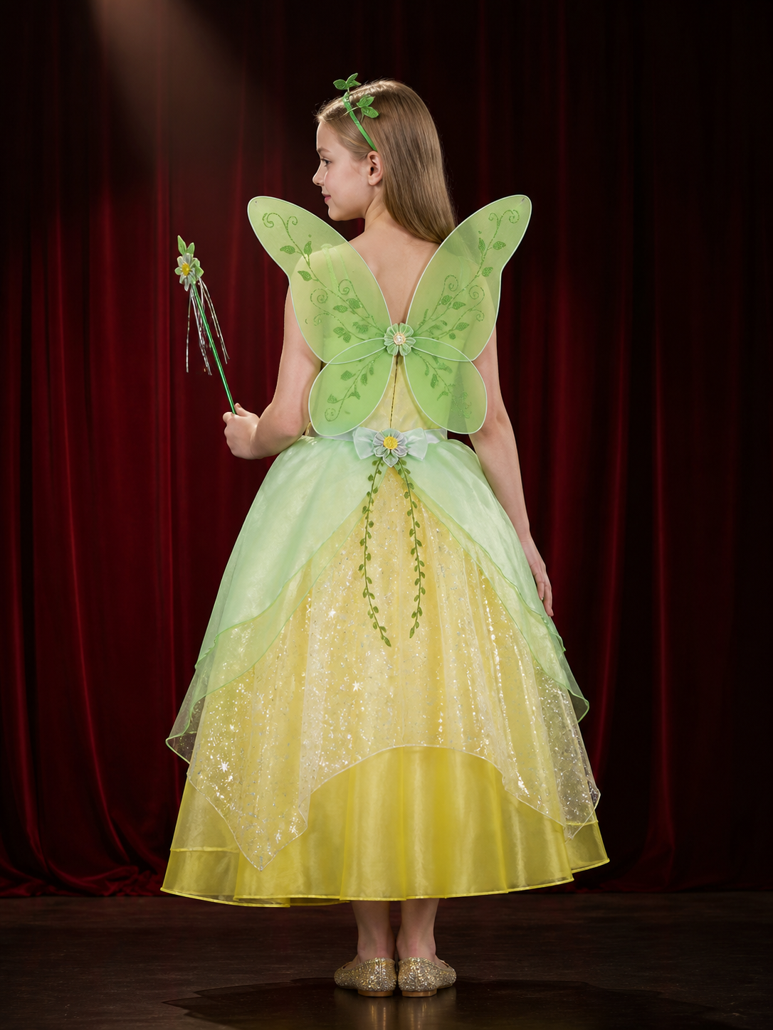 Girls Sparkle Princess Costume Dress with Green Vine Trim, Translucent Layered back view