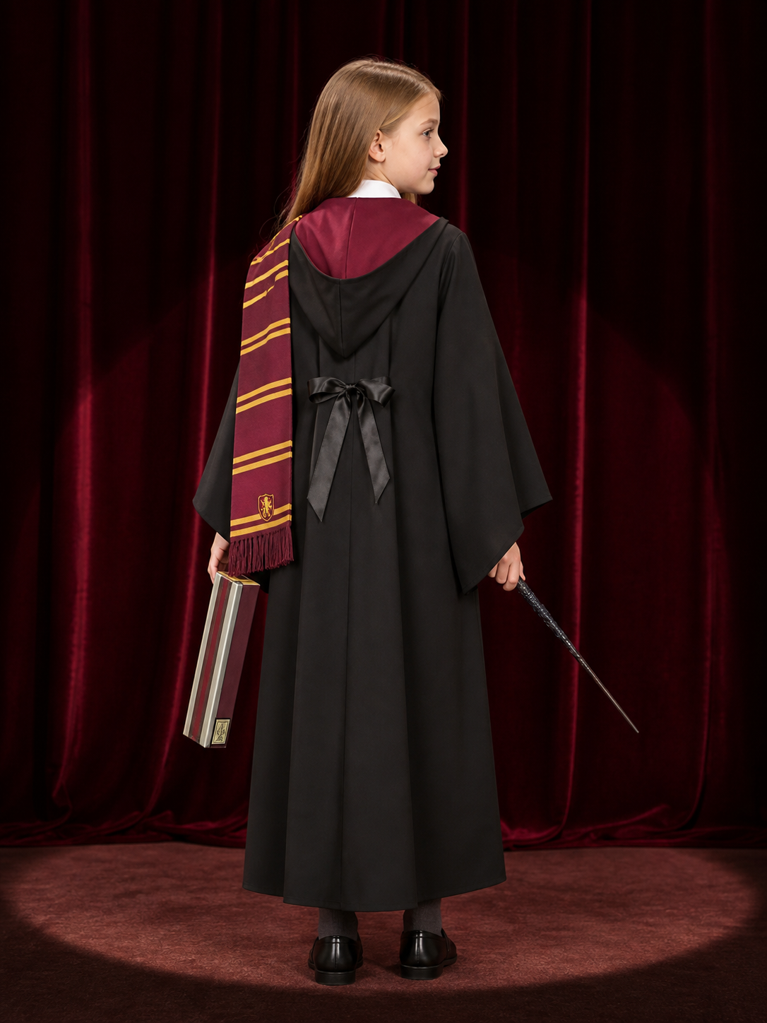 Kids Black Hooded Wizard Robe Costume Set with Tie, Scarf and Wand back view