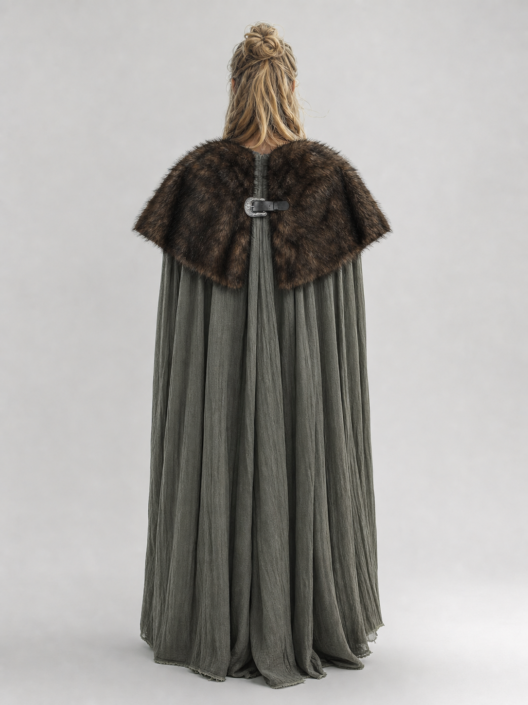 Fur Shoulder Shawl with Buckle, Brown