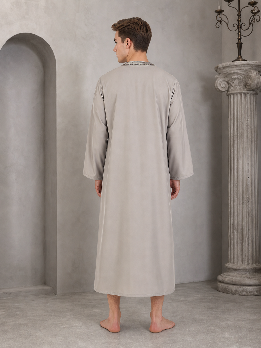 Modest Traditional Long Embroidered Robe, Loose Full-Length Design, Long Sleeves, Collarless Round Neck, Religious back view