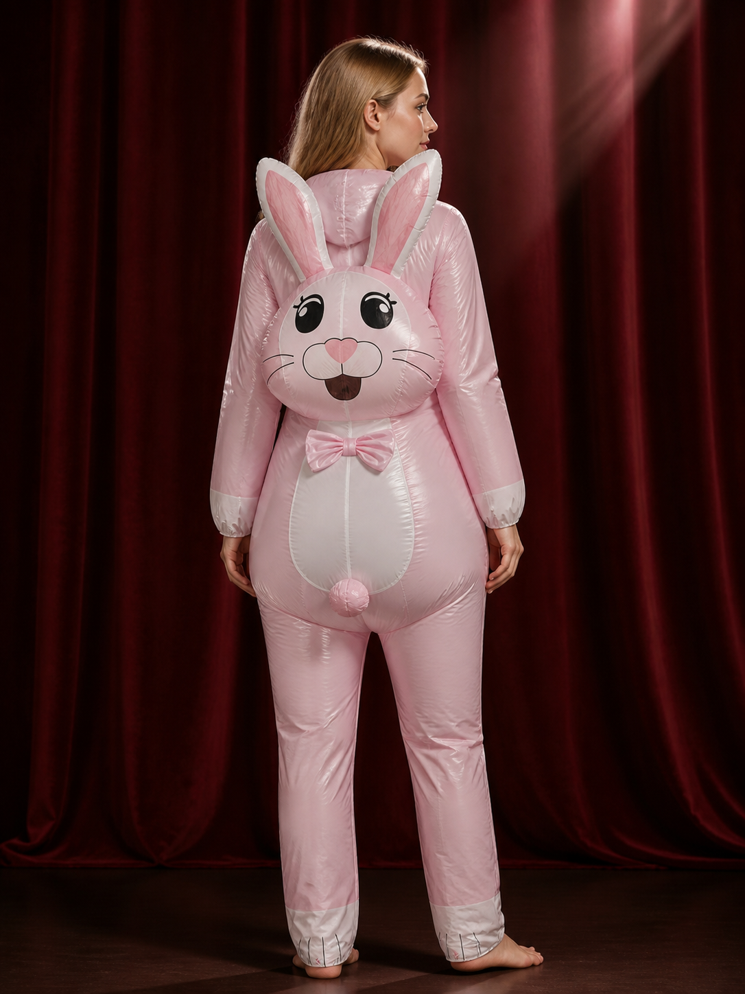 Adult Cartoon Rabbit Costume, Long Ear Bunny with Pink Bow Tie for Halloween back view