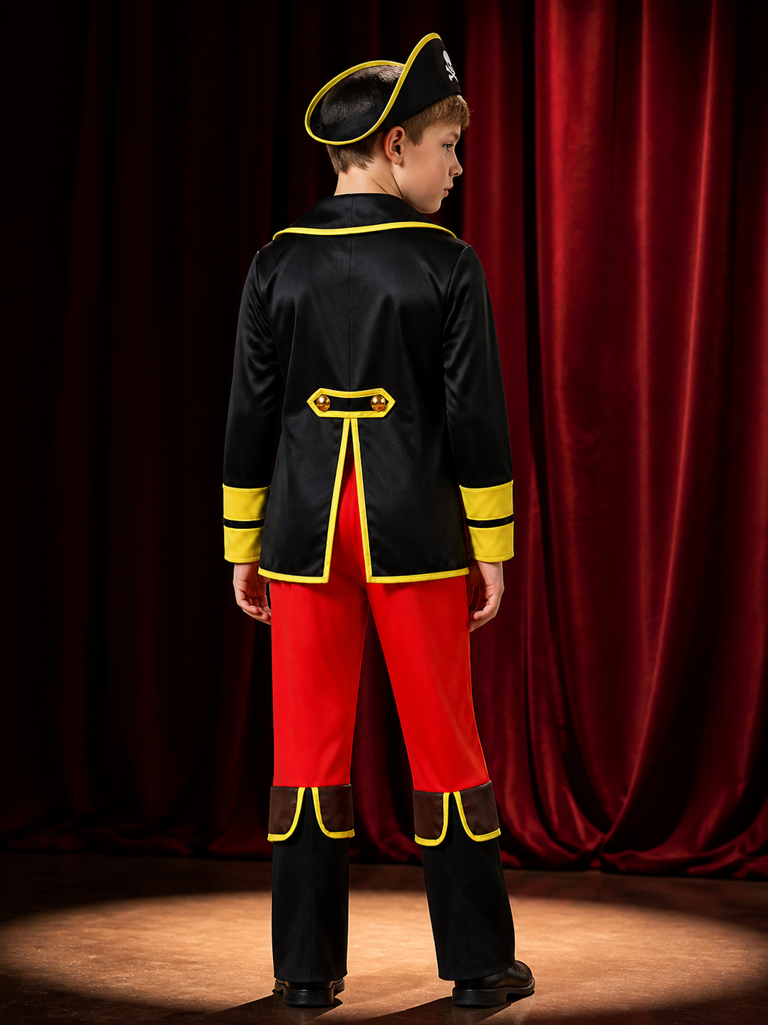 Boys Pirate Halloween Costume Set with Tricorn Hat and Skull Print back view