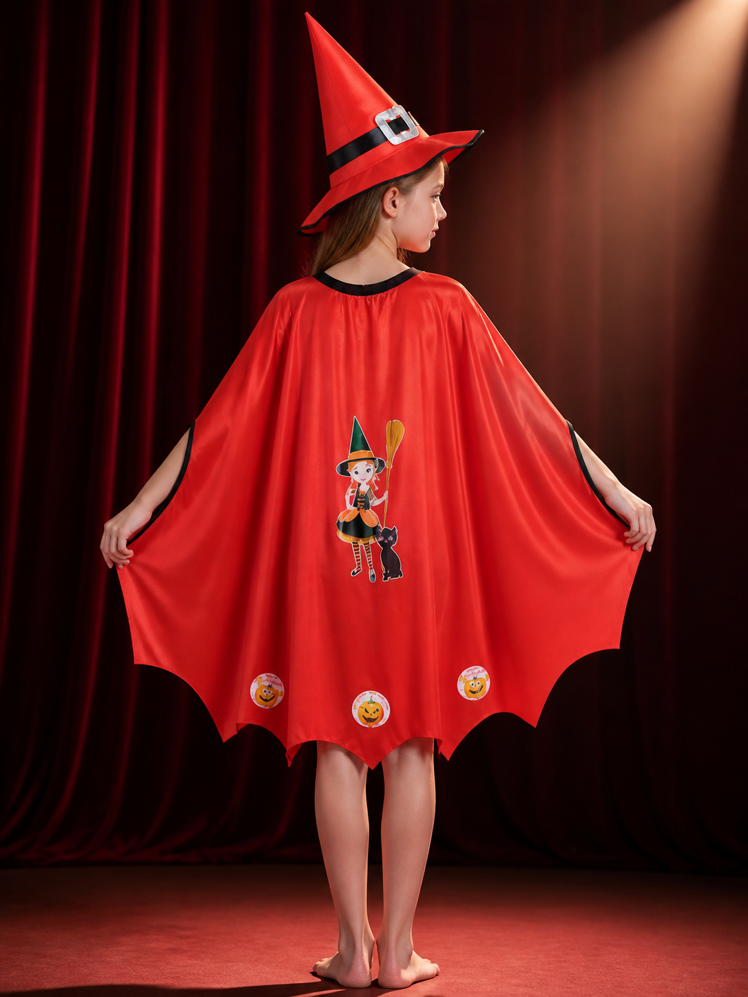Kids Witch Costume Set with Cape and Hat, Red Wizard Cloak Halloween Outfit back view