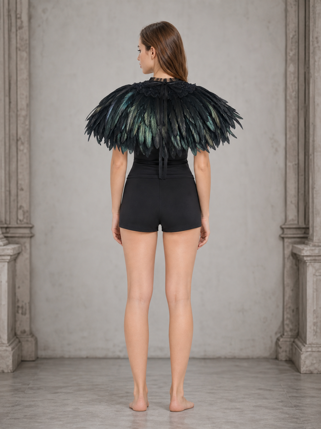 Halloween Costume Black Feather Cape with Lace Collar and Front Center Long Tie, Two-Layer Feather Trim, Shoulder Capelet for Cosplay Role Play Party