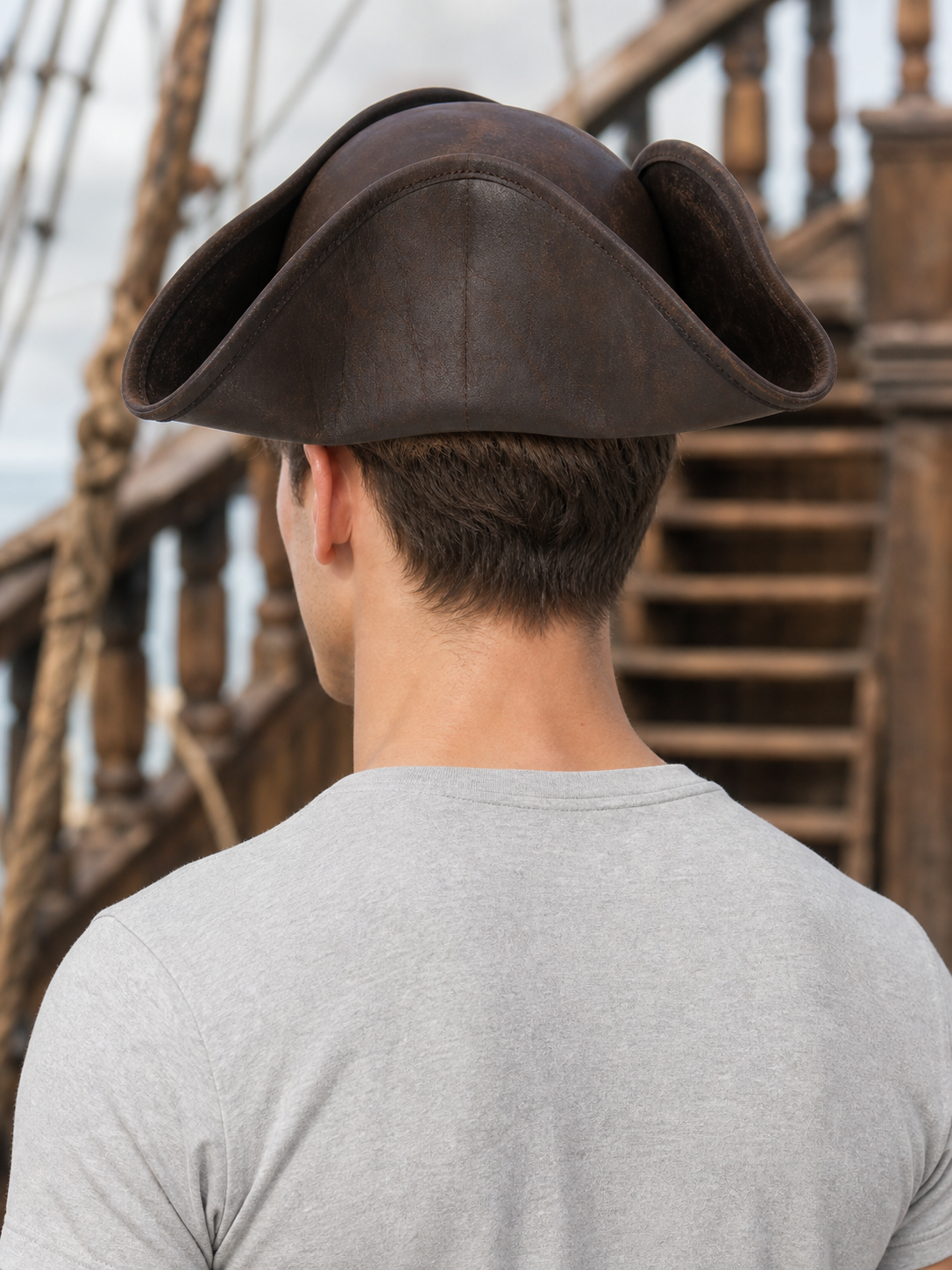 1pc Brown Tricorn Pirate Hat, Wide Three-Cornered Silhouette with Curled Brim Edges, Leather-Like Costume Accessory for Cosplay and Themed Events
