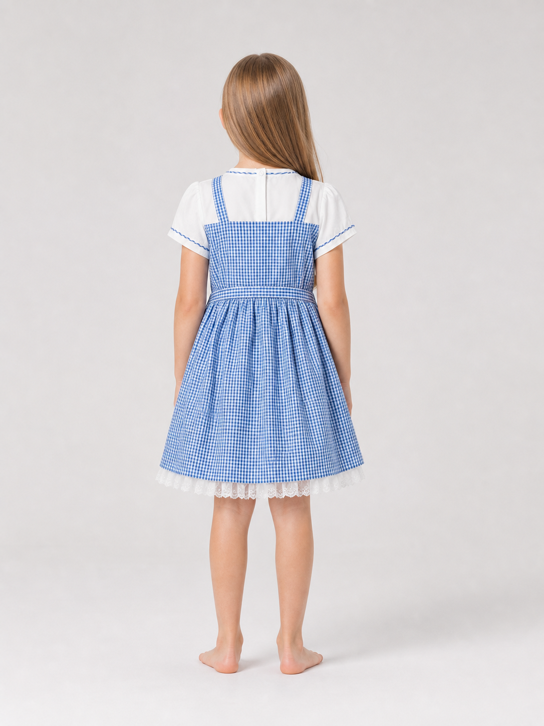 Blue-and-White Plaid Cosplay Pinafore Dress back view