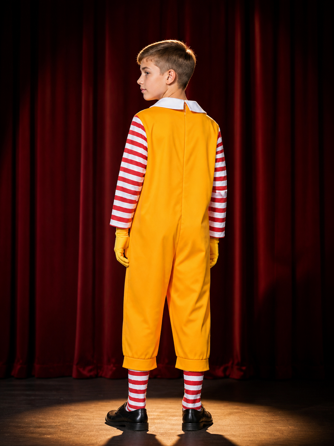 Yellow Clown Jumpsuit Costume With Red and White Striped Sleeves and Legs back view