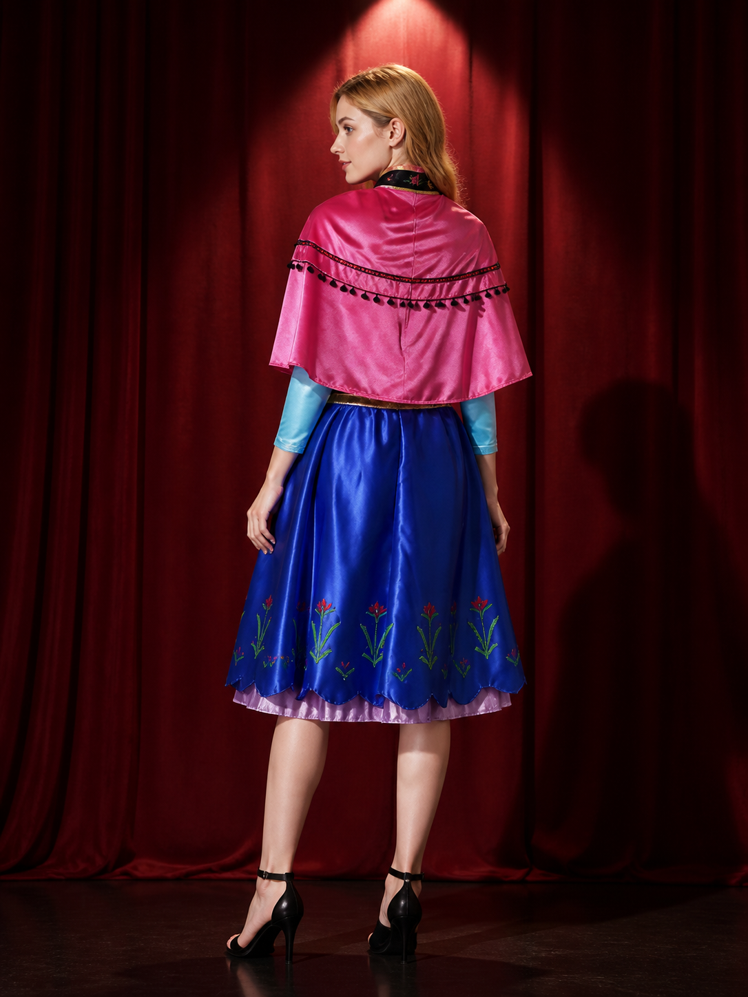 Women's Princess Costume Set, Blue Embroidered Dress with Pink Cape and Gold