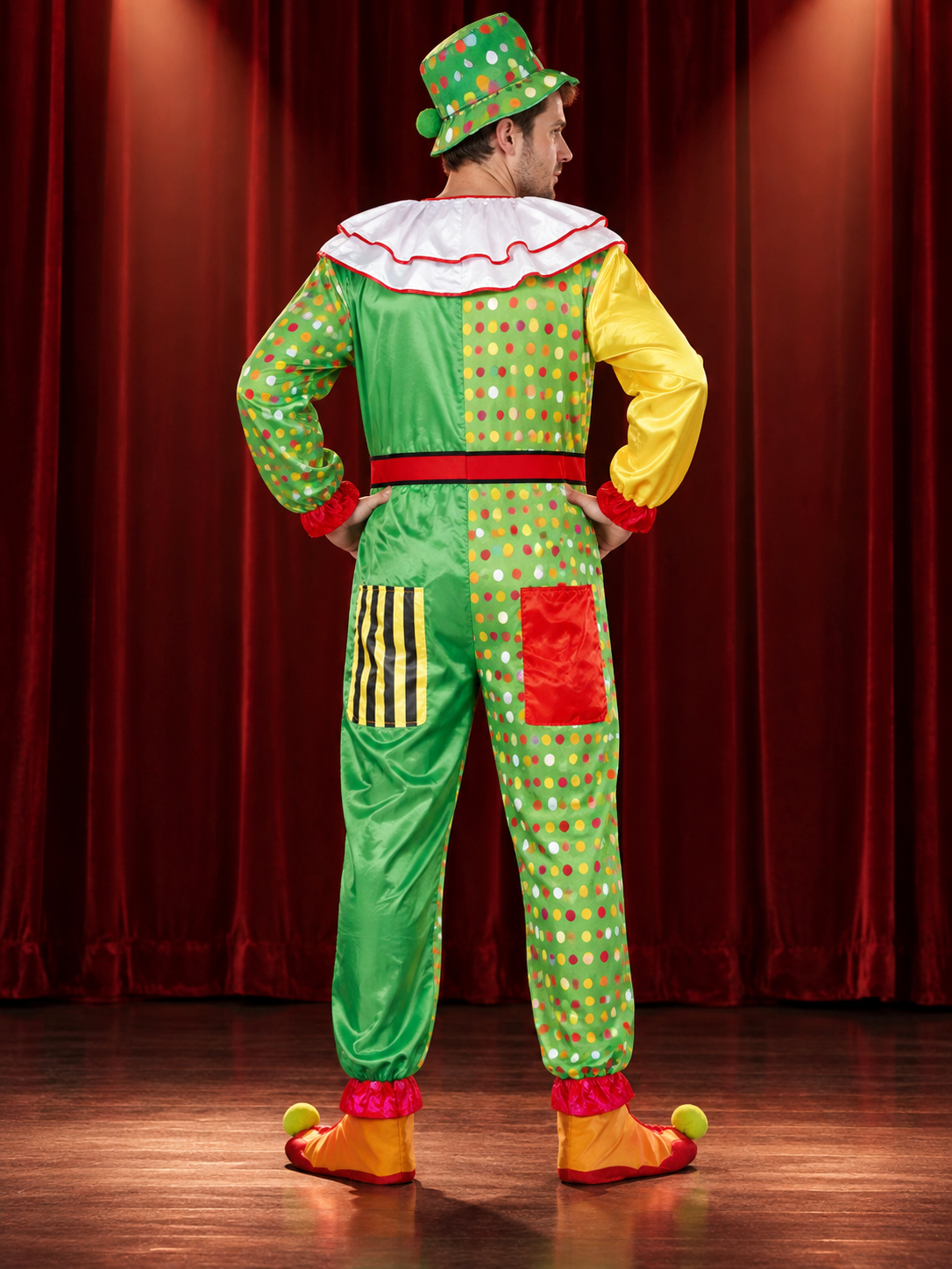 Clown Costume: Jumpsuit and Hat with Pom-Pom, Polyester