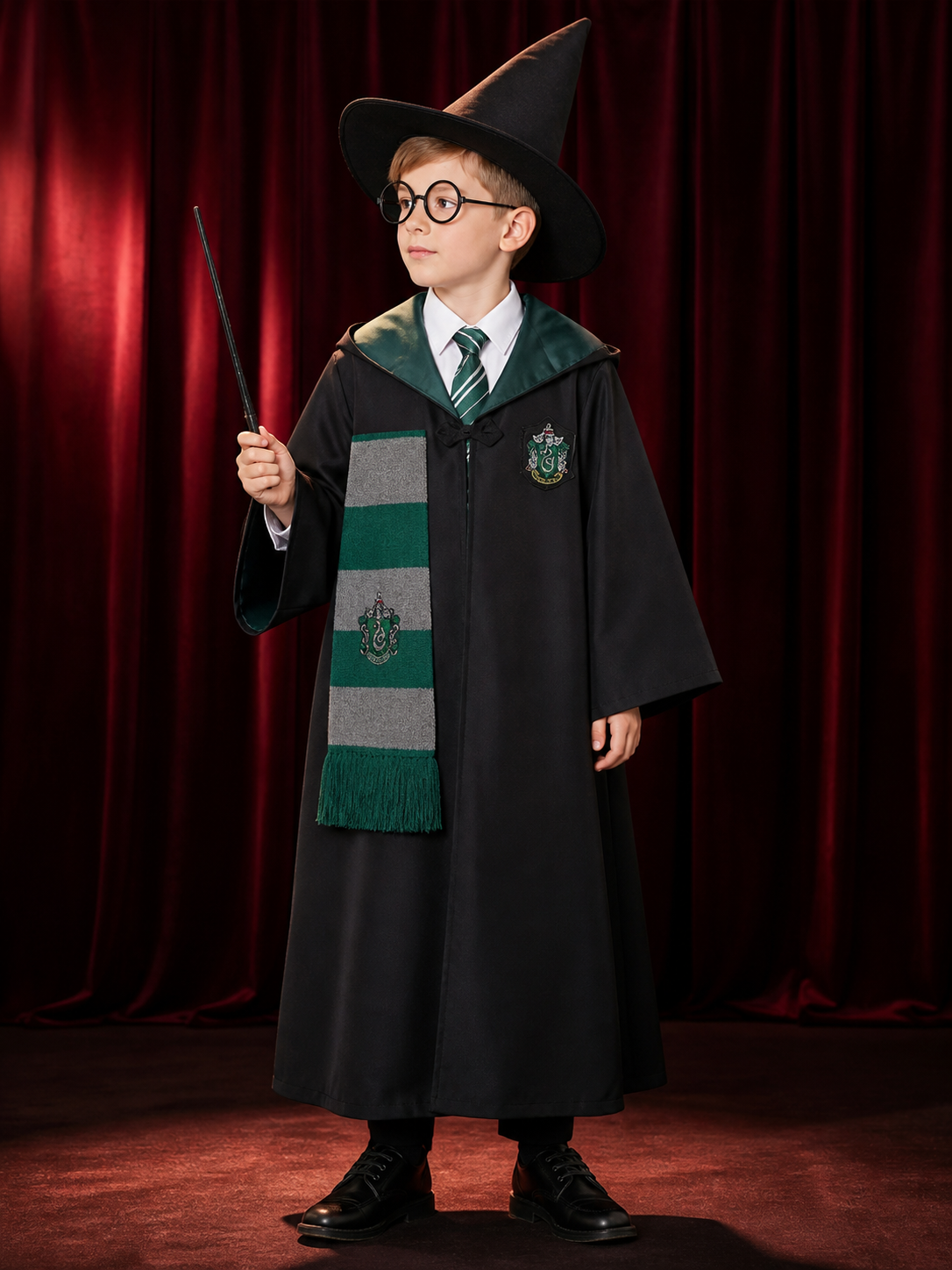 Kids Slytherin Wizard Robe Costume Set with Green Tie, Scarf, Pointed Hat, Black back view