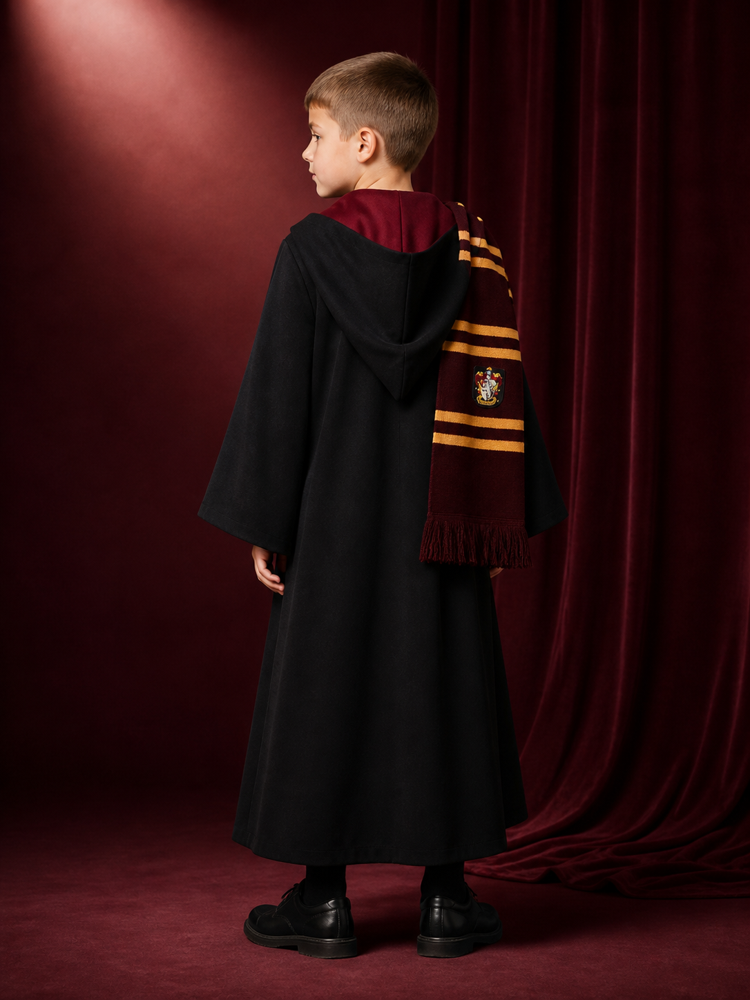 Black Wizard Robe Costume Set With Hooded Cloak, Tie And Tassel Scarf back view