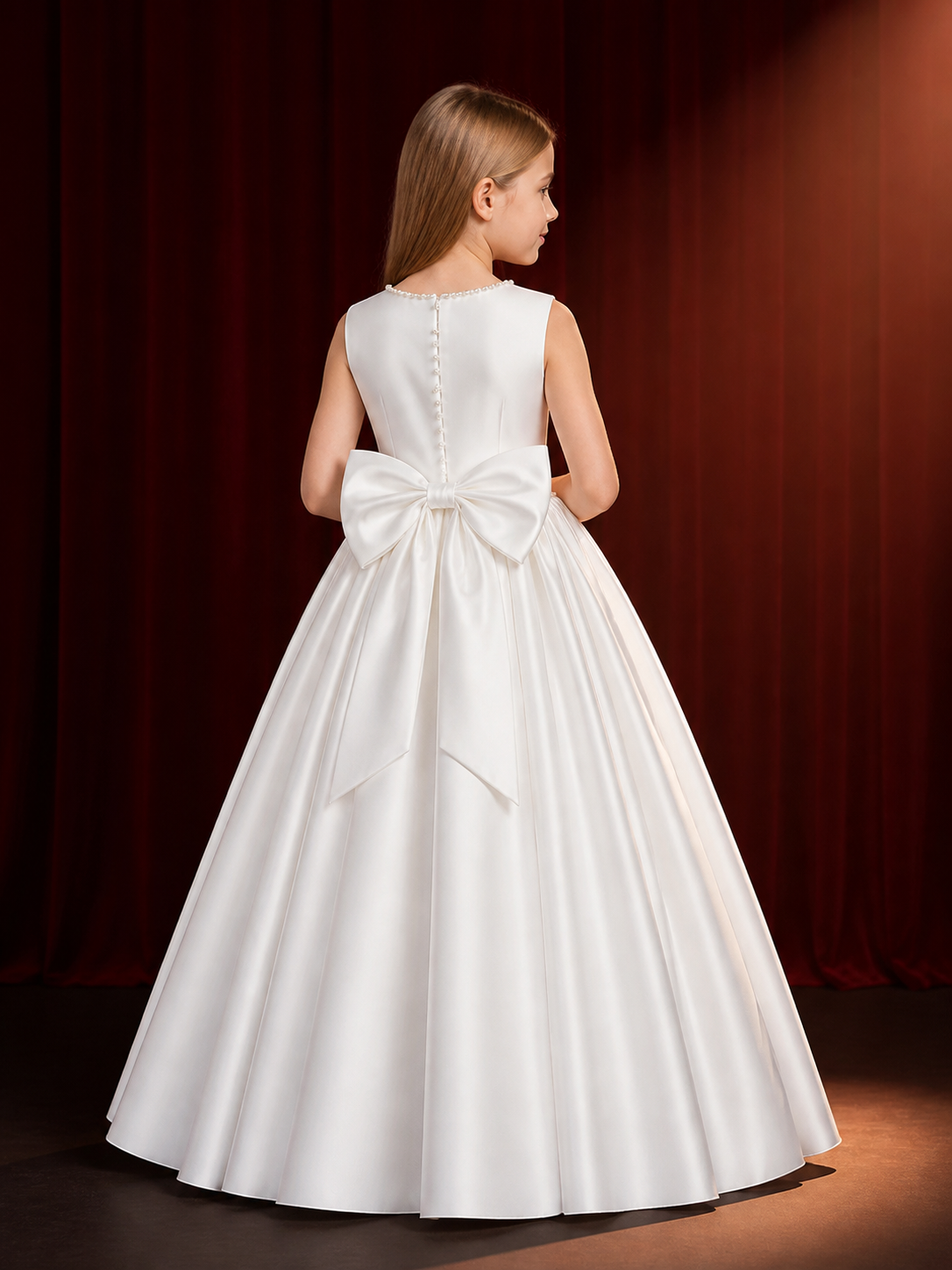 Girls' White Princess Dress, Sleeveless Long Formal Gown With Bow and Pearl-Like back view
