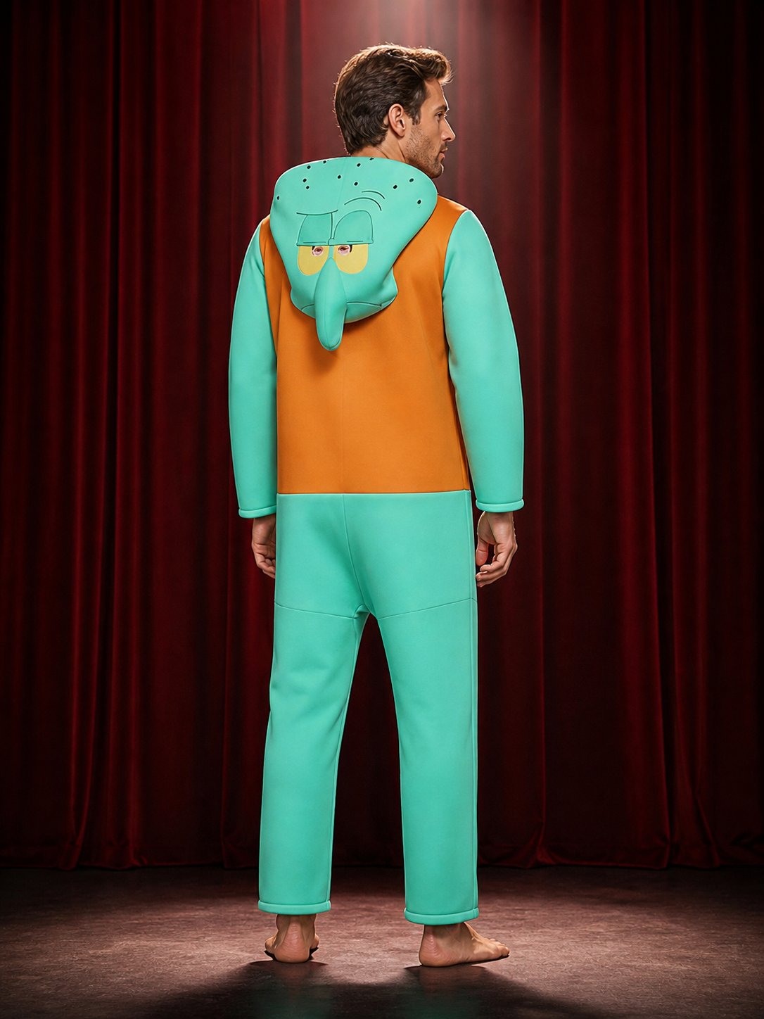 Unisex Squidward Costume Jumpsuit with Headpiece, Halloween Cosplay Outfit back view