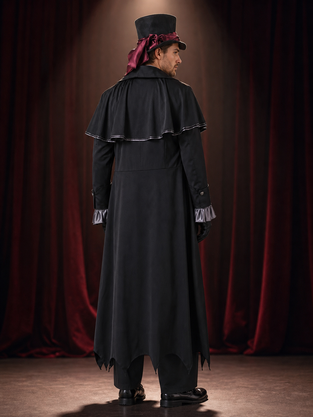 Men's Gothic Wizard Costume Set, Black Cape with Silver Trim, Vest, Top Hat & back view