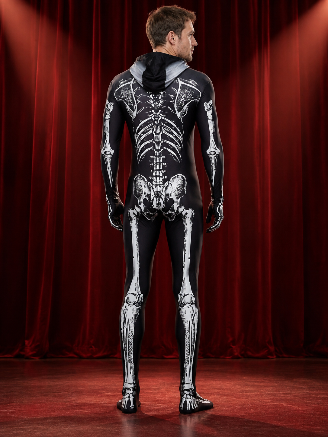 Black Skeleton Costume with Hood and Bone Print